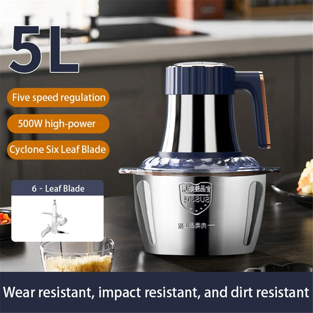 Electric Meat Grinder 5 Speeds Stainless Steel Food Chopper with 5L Bowl Container (BPA Free, No FDA Certificate) - Dark Blue / EU Plug - 2