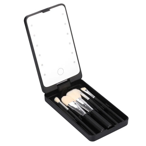 Travel Makeup Brush Set 5pcs Cosmetic Brushes Kit Gift with Rechargeable LED Light Mirror - Black - 1
