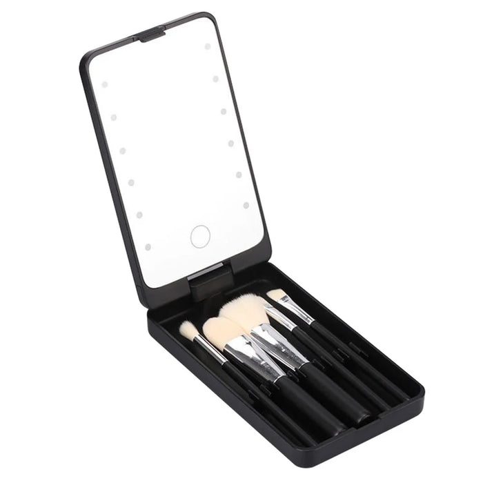 Travel Makeup Brush Set 5pcs Cosmetic Brushes Kit Gift with Rechargeable LED Light Mirror - Black - 1