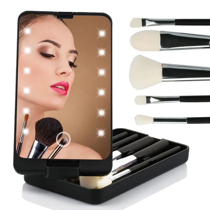 Travel Makeup Brush Set 5pcs Cosmetic Brushes Kit Gift with Rechargeable LED Light Mirror - Black - 2