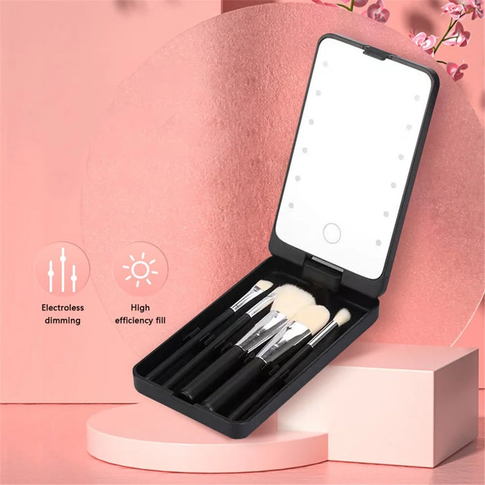 Travel Makeup Brush Set 5pcs Cosmetic Brushes Kit Gift with Rechargeable LED Light Mirror - Black - 3