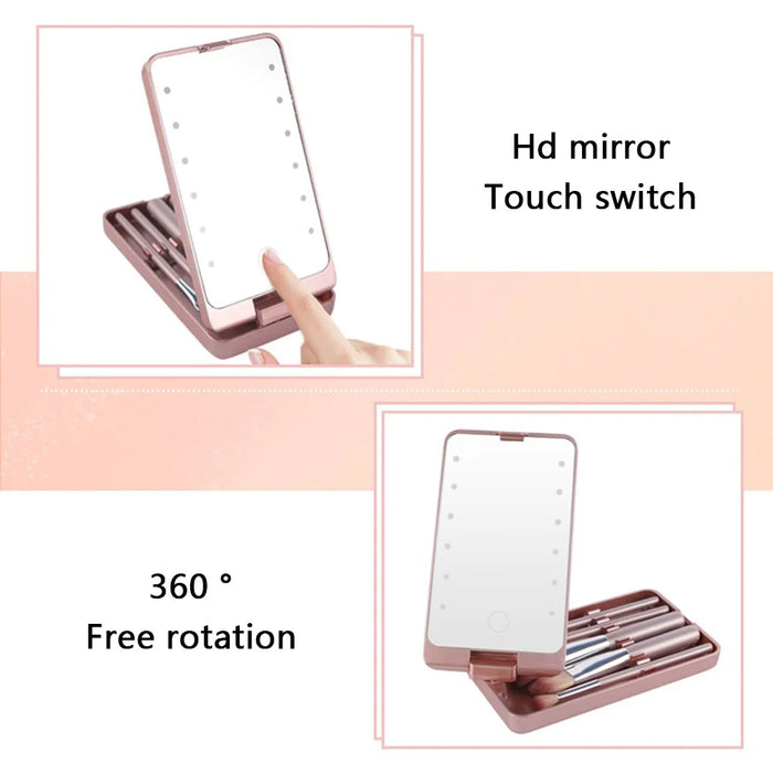 Travel Makeup Brush Set 5pcs Cosmetic Brushes Kit Gift with Rechargeable LED Light Mirror - Black - 4