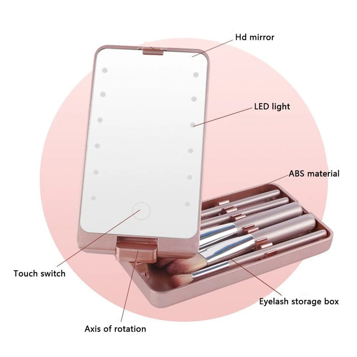 Travel Makeup Brush Set 5pcs Cosmetic Brushes Kit Gift with Rechargeable LED Light Mirror - Black - 5