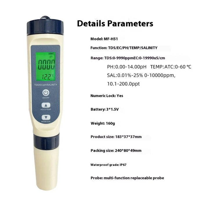 5-in-1 Multifunction Water Quality Test Pen EC / Ph / TDS / Temperature / Salinity Test Tool - 6