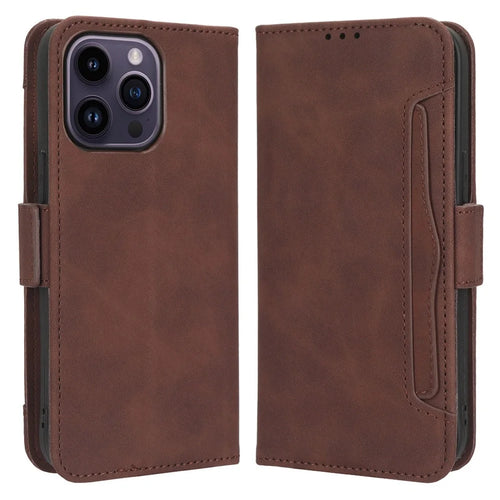 For iPhone 14 Pro Max 6.7 inch Anti-fall PU Leather Phone Cover Wallet Case Multiple Card Slots Stand Cell Phone Shell - Brown - 1