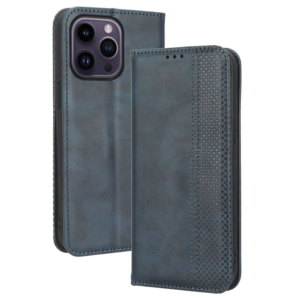 For iPhone 14 Pro Max 6.7 inch Shockproof Retro Texture Phone Flip Leather Case Wallet Stand Magnetic Auto Closure Wear-resistant Phone Cover - Blue - 1