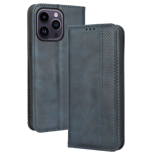For iPhone 14 Pro Max 6.7 inch Shockproof Retro Texture Phone Flip Leather Case Wallet Stand Magnetic Auto Closure Wear-resistant Phone Cover - Blue - 1