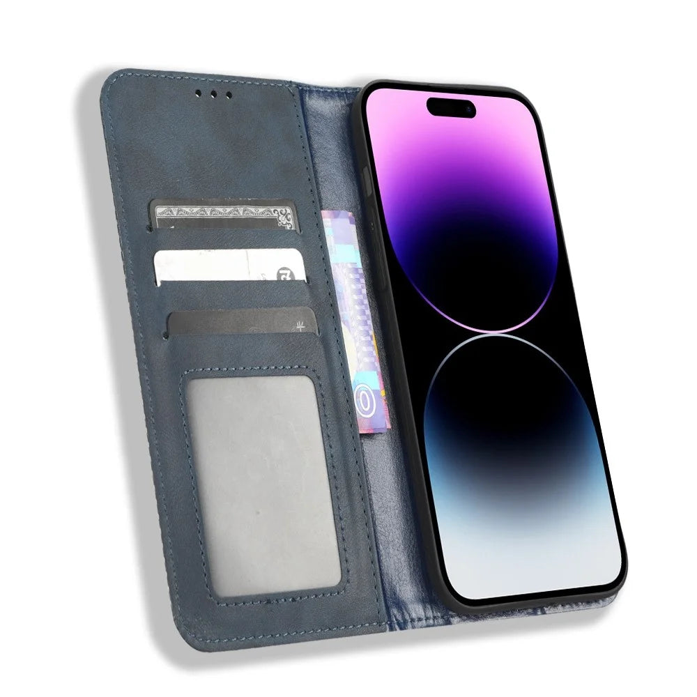 For iPhone 14 Pro Max 6.7 inch Shockproof Retro Texture Phone Flip Leather Case Wallet Stand Magnetic Auto Closure Wear-resistant Phone Cover - Blue - 2