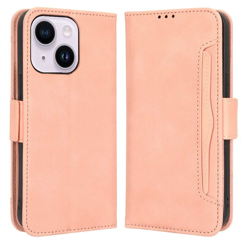 Multiple Card Slots Stand Phone Case for iPhone 14 6.1 inch, Anti-scratch Wear-resistant PU Leather Cover Wallet - Pink - 1
