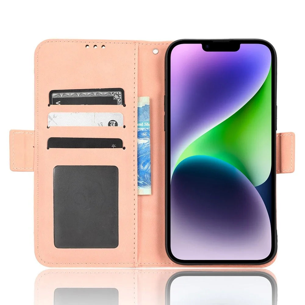 Multiple Card Slots Stand Phone Case for iPhone 14 6.1 inch, Anti-scratch Wear-resistant PU Leather Cover Wallet - Pink - 2