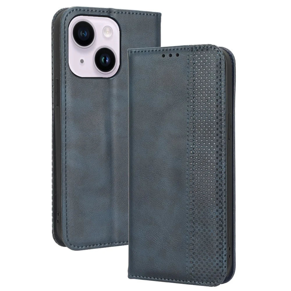 For iPhone 14 6.1 inch Wallet Stand Retro Texture Leather Case Magnetic Auto Closure Wear-resistant Phone Cover - Blue - 1