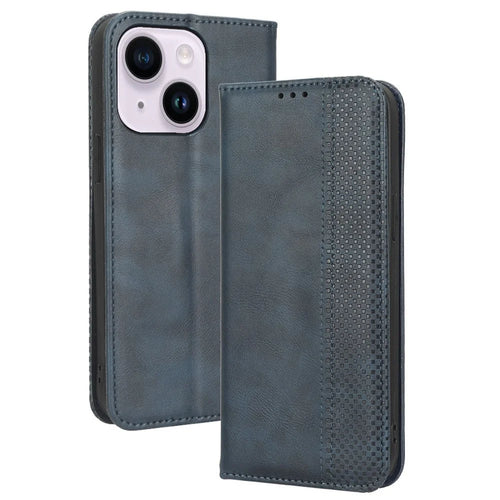 For iPhone 14 6.1 inch Wallet Stand Retro Texture Leather Case Magnetic Auto Closure Wear-resistant Phone Cover - Blue - 1