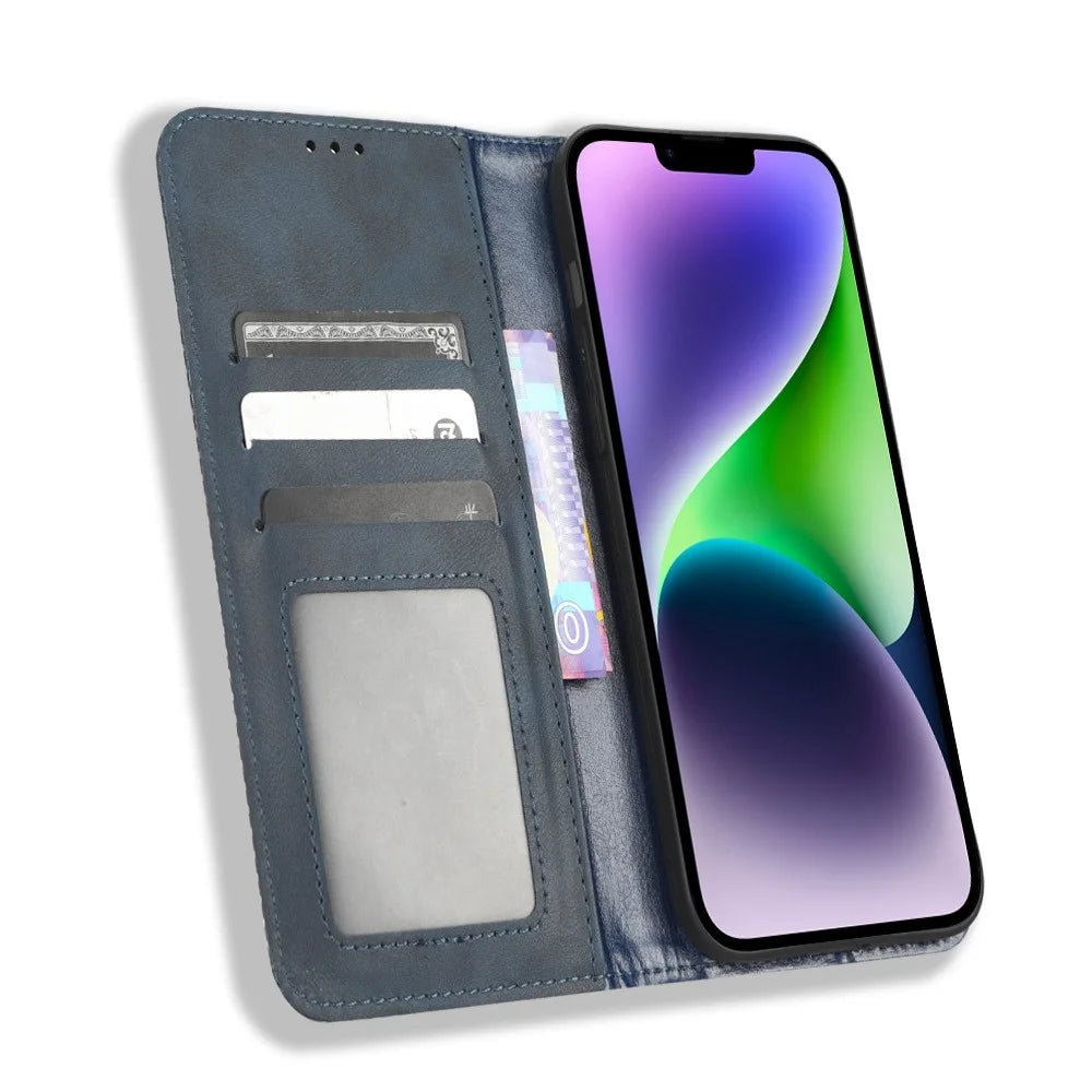 For iPhone 14 6.1 inch Wallet Stand Retro Texture Leather Case Magnetic Auto Closure Wear-resistant Phone Cover - Blue - 2