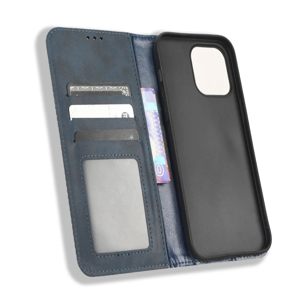 For iPhone 14 6.1 inch Wallet Stand Retro Texture Leather Case Magnetic Auto Closure Wear-resistant Phone Cover - Blue - 4