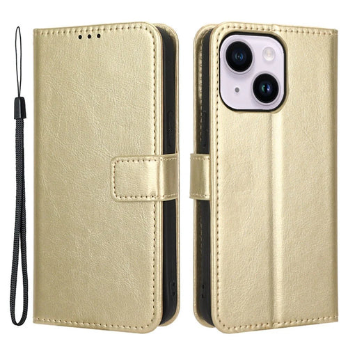 For iPhone 14 6.1 inch Anti-fall PU Leather Folio Flip Phone Case Crazy Horse Texture Wear-resistant Shock Absorption Cell Phone Cover Wallet - Gold - 1