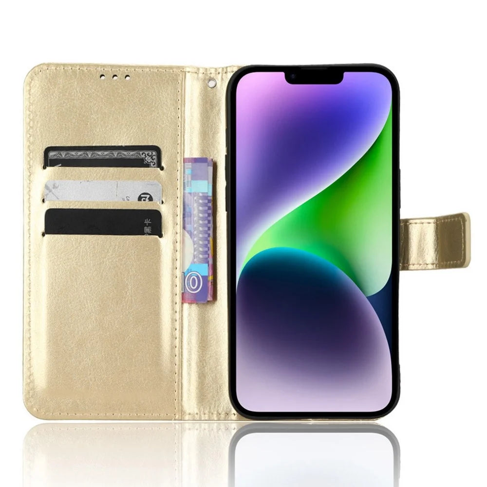 For iPhone 14 6.1 inch Anti-fall PU Leather Folio Flip Phone Case Crazy Horse Texture Wear-resistant Shock Absorption Cell Phone Cover Wallet - Gold - 2