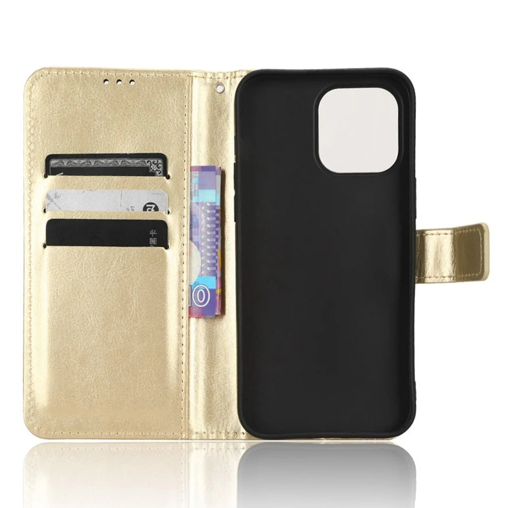 For iPhone 14 6.1 inch Anti-fall PU Leather Folio Flip Phone Case Crazy Horse Texture Wear-resistant Shock Absorption Cell Phone Cover Wallet - Gold - 4