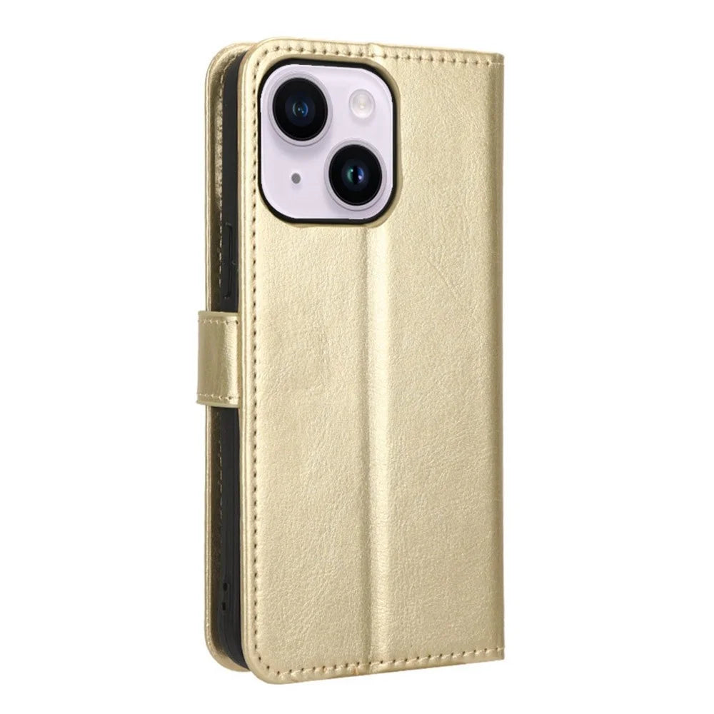 For iPhone 14 6.1 inch Anti-fall PU Leather Folio Flip Phone Case Crazy Horse Texture Wear-resistant Shock Absorption Cell Phone Cover Wallet - Gold - 7