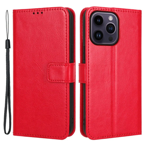 For iPhone 14 Pro 6.1 inch Shockproof PU Leather Folio Flip Phone Case Crazy Horse Texture Wear-resistant Cell Phone Cover Wallet - Red - 1