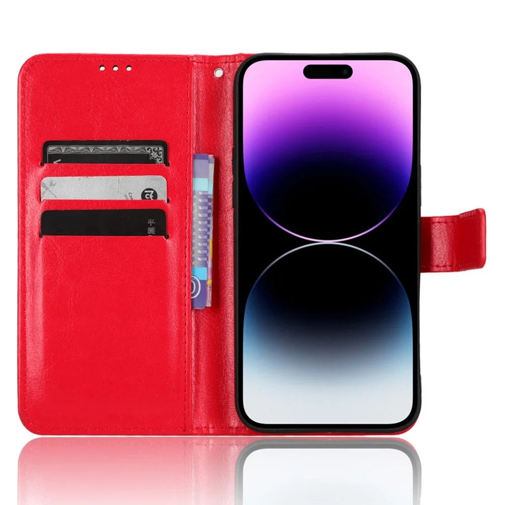 For iPhone 14 Pro 6.1 inch Shockproof PU Leather Folio Flip Phone Case Crazy Horse Texture Wear-resistant Cell Phone Cover Wallet - Red - 2