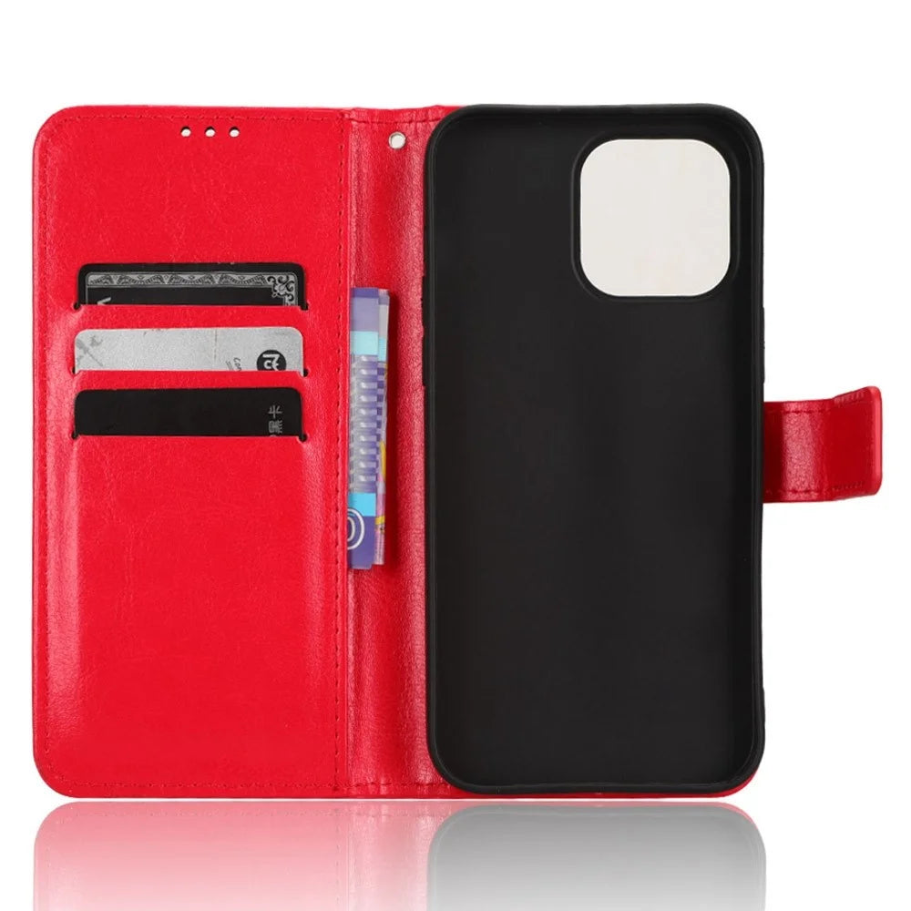 For iPhone 14 Pro 6.1 inch Shockproof PU Leather Folio Flip Phone Case Crazy Horse Texture Wear-resistant Cell Phone Cover Wallet - Red - 3