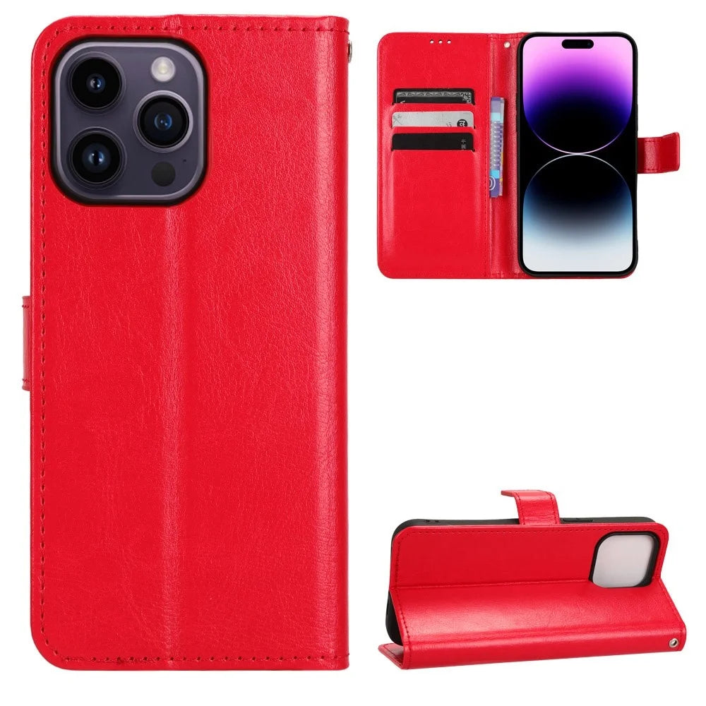 For iPhone 14 Pro 6.1 inch Shockproof PU Leather Folio Flip Phone Case Crazy Horse Texture Wear-resistant Cell Phone Cover Wallet - Red - 5