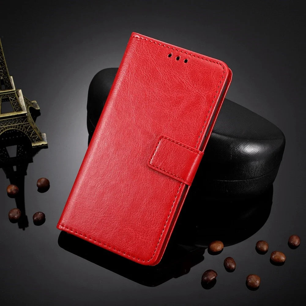 For iPhone 14 Pro 6.1 inch Shockproof PU Leather Folio Flip Phone Case Crazy Horse Texture Wear-resistant Cell Phone Cover Wallet - Red - 6