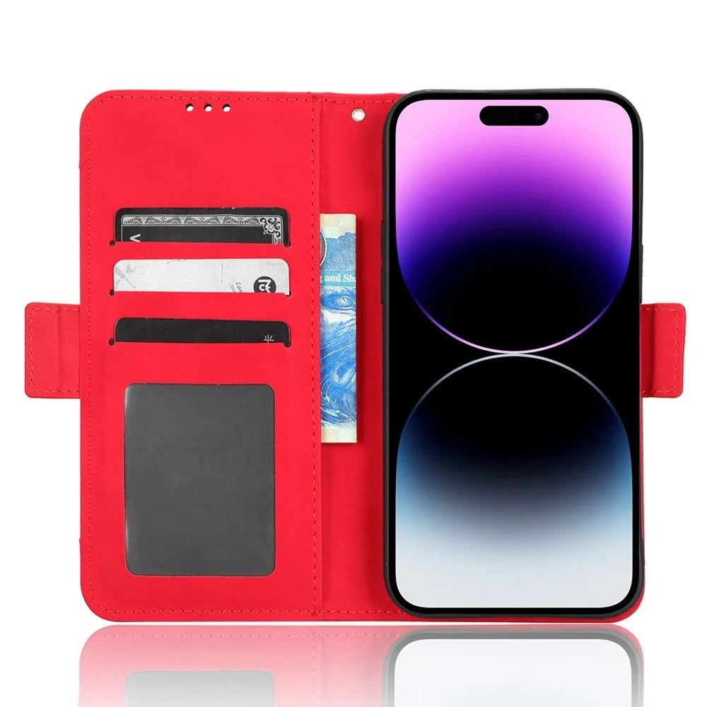 For iPhone 14 Pro 6.1 inch Multiple Card Slots Stand Cell Phone Case Anti-dust PU Leather Cover Wallet - Red - 2