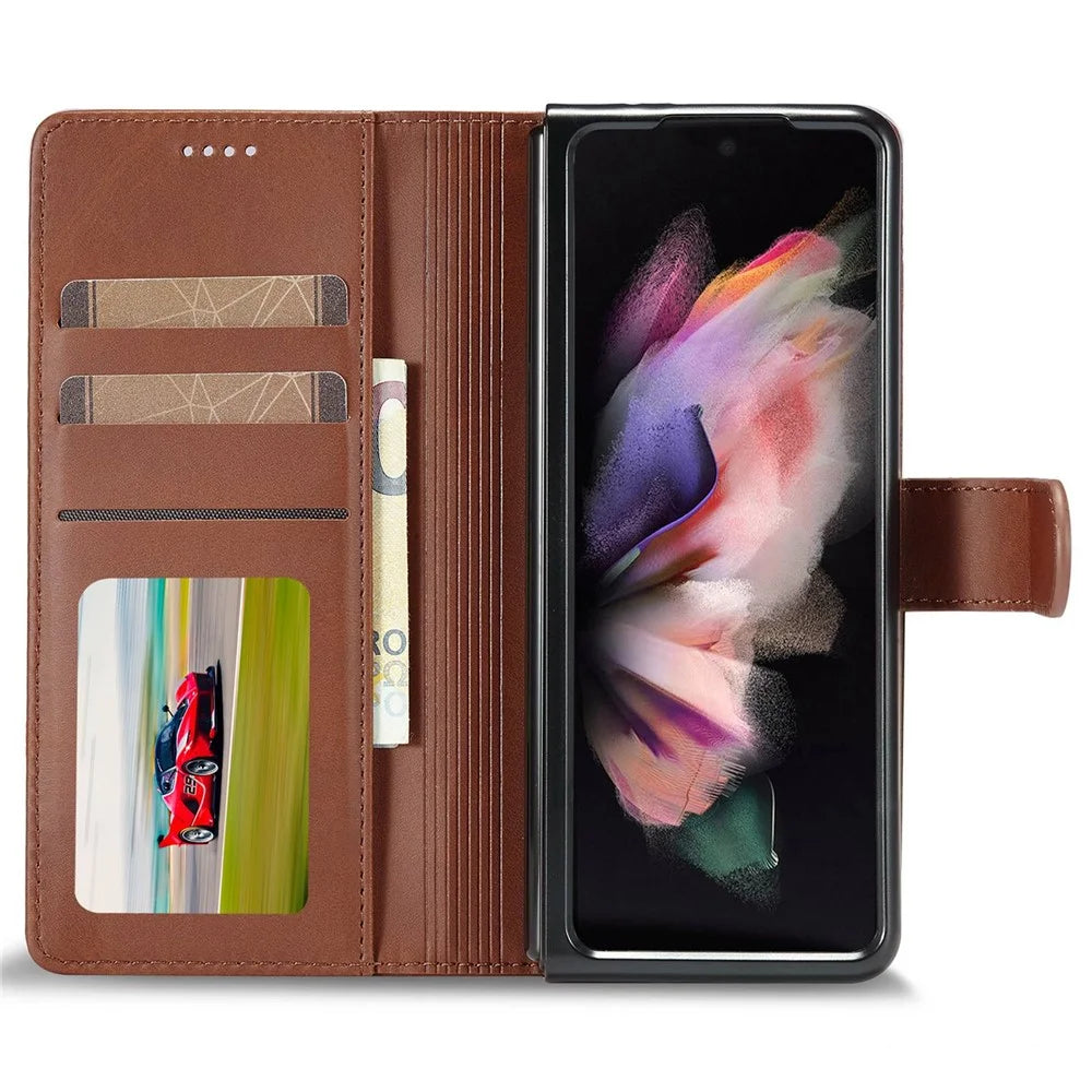 LC.IMEEKE for Samsung Galaxy Z Fold4 5G Shockproof Phone Cover Magnetic Clasp Stand Wallet PU Leather Folding Phone Case - Brown - 2