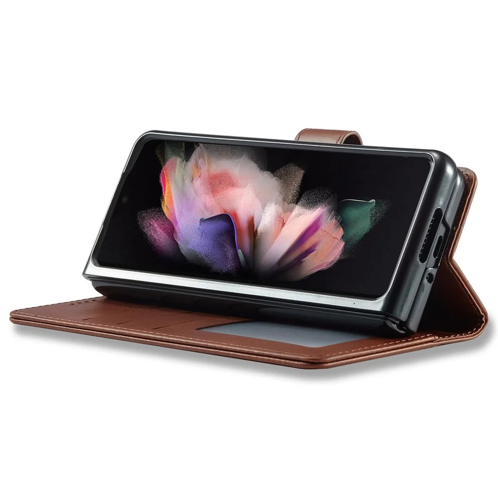 LC.IMEEKE for Samsung Galaxy Z Fold4 5G Shockproof Phone Cover Magnetic Clasp Stand Wallet PU Leather Folding Phone Case - Brown - 3