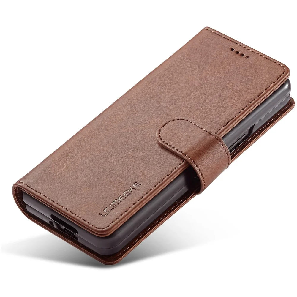 LC.IMEEKE for Samsung Galaxy Z Fold4 5G Shockproof Phone Cover Magnetic Clasp Stand Wallet PU Leather Folding Phone Case - Brown - 5