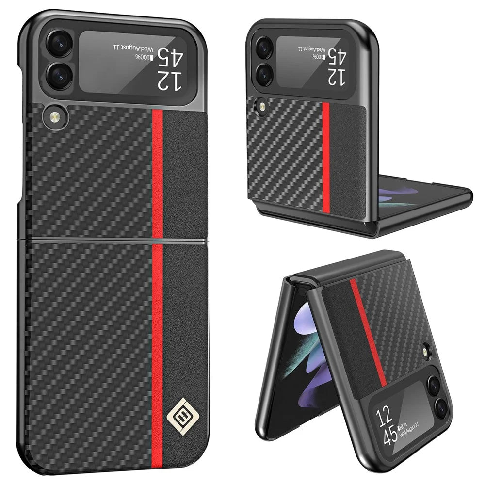 LC.IMEEKE for Samsung Galaxy Z Flip4 5G Leather + PC Phone Case Carbon Fiber Stitching Anti-fingerprint Back Shell - Black - 1