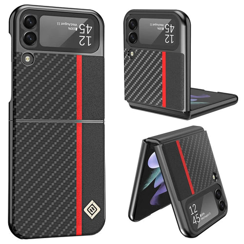 LC.IMEEKE for Samsung Galaxy Z Flip4 5G Leather + PC Phone Case Carbon Fiber Stitching Anti-fingerprint Back Shell - Black - 1