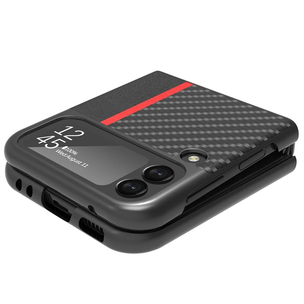 LC.IMEEKE for Samsung Galaxy Z Flip4 5G Leather + PC Phone Case Carbon Fiber Stitching Anti-fingerprint Back Shell - Black - 2