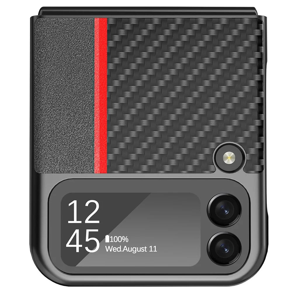 LC.IMEEKE for Samsung Galaxy Z Flip4 5G Leather + PC Phone Case Carbon Fiber Stitching Anti-fingerprint Back Shell - Black - 4