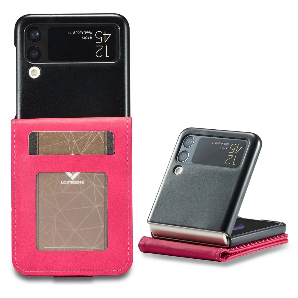 LC.IMEEKE For Samsung Galaxy Z Flip4 5G Textured PU Leather Folding Phone Case Stand Card Holder Protective Cover - Rose - 1