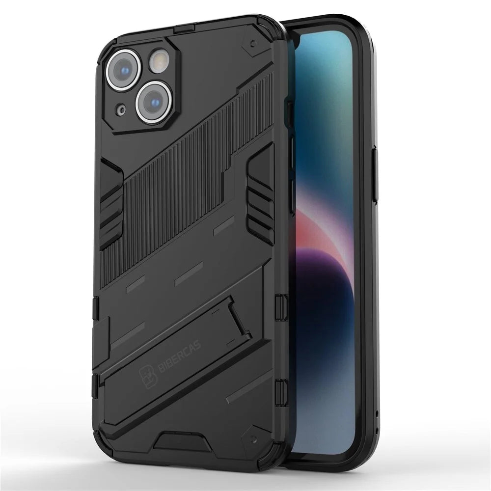 For iPhone 14 6.1 inch Hard PC Soft TPU Hybrid Phone Case Kickstand Hands-free Protective Cover - Black - 1