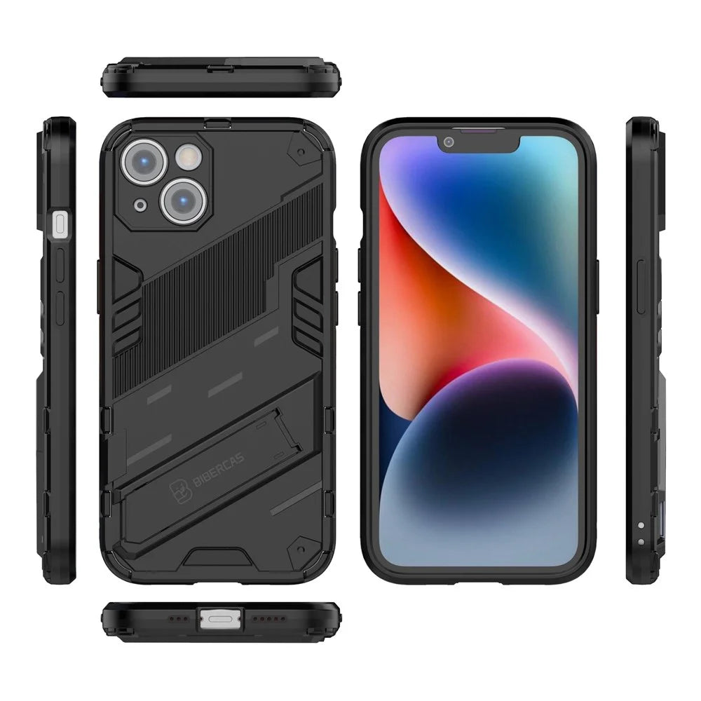 For iPhone 14 6.1 inch Hard PC Soft TPU Hybrid Phone Case Kickstand Hands-free Protective Cover - Black - 5