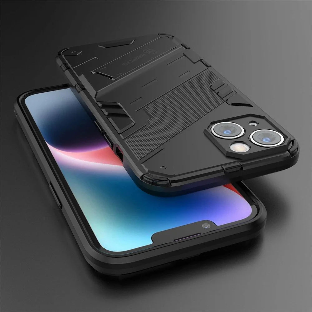 For iPhone 14 6.1 inch Hard PC Soft TPU Hybrid Phone Case Kickstand Hands-free Protective Cover - Black - 6