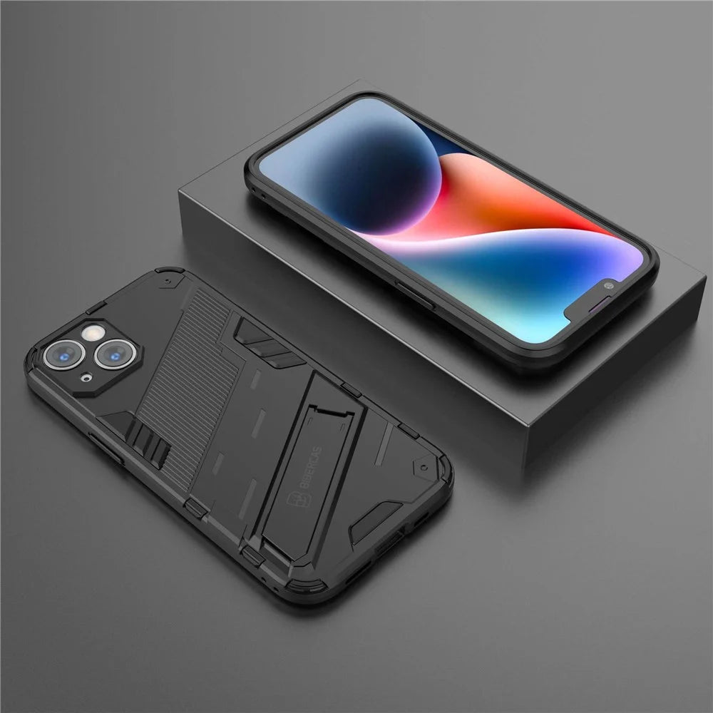 For iPhone 14 6.1 inch Hard PC Soft TPU Hybrid Phone Case Kickstand Hands-free Protective Cover - Black - 7