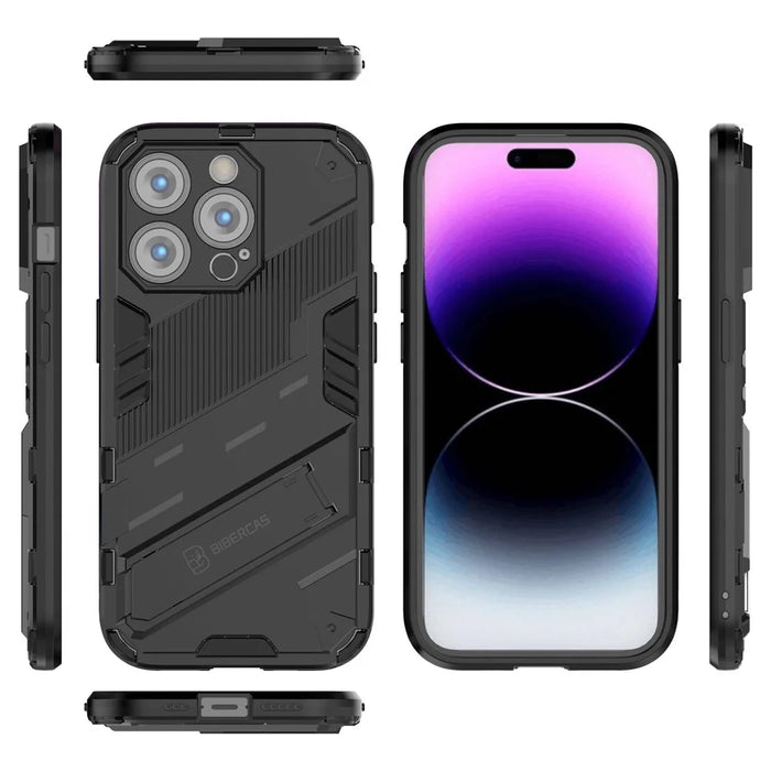 For iPhone 14 Pro 6.1 inch Hybrid Kickstand Phone Case Hard PC Soft TPU Shockproof Protective Cover - Black - 5