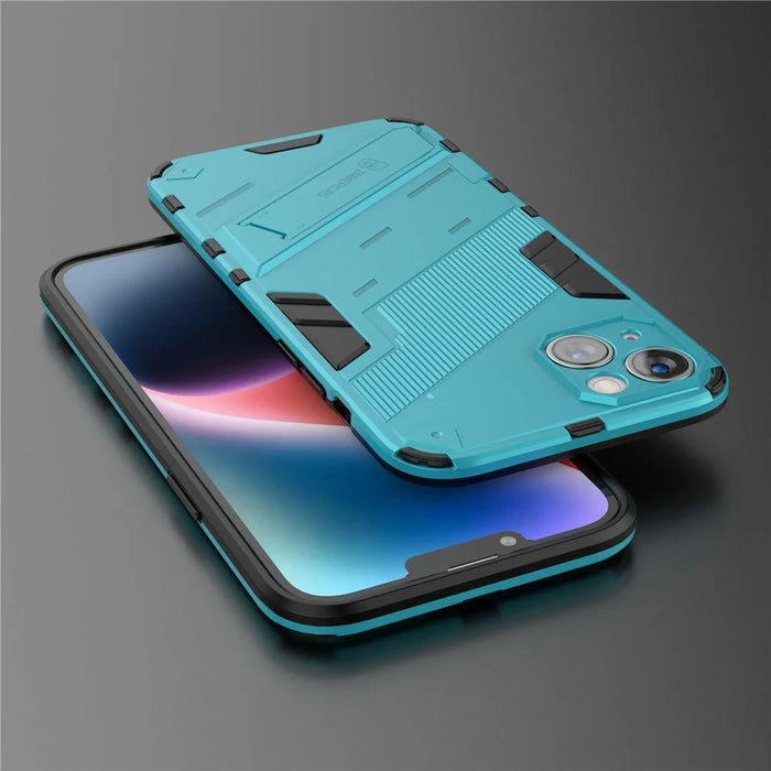 For iPhone 14 Plus 6.7 inch Hard PC Soft TPU Shockproof Phone Case Non-Slip Protective Cover with Kickstand - Baby Blue - 6