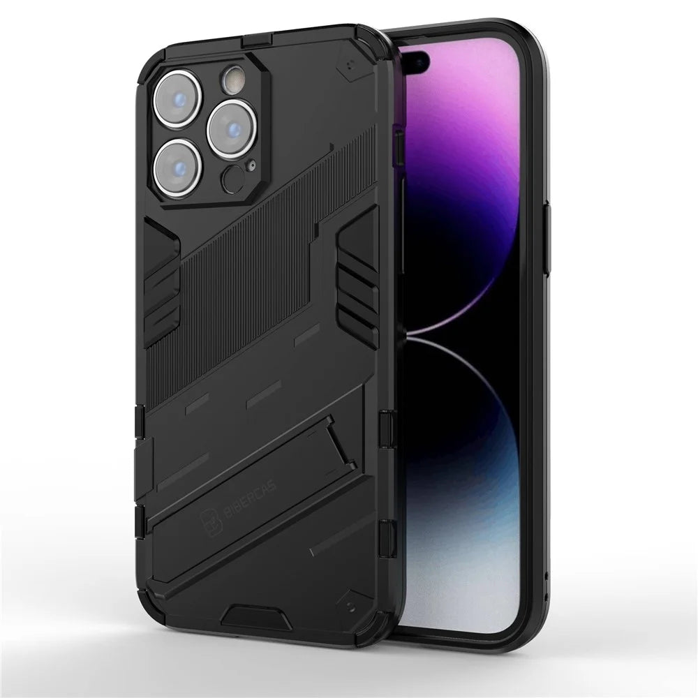 For iPhone 14 Pro Max 6.7 inch Kickstand Anti-Slip Rugged Phone Case Soft Flexible TPU Hard PC Protective Cover - Black - 1