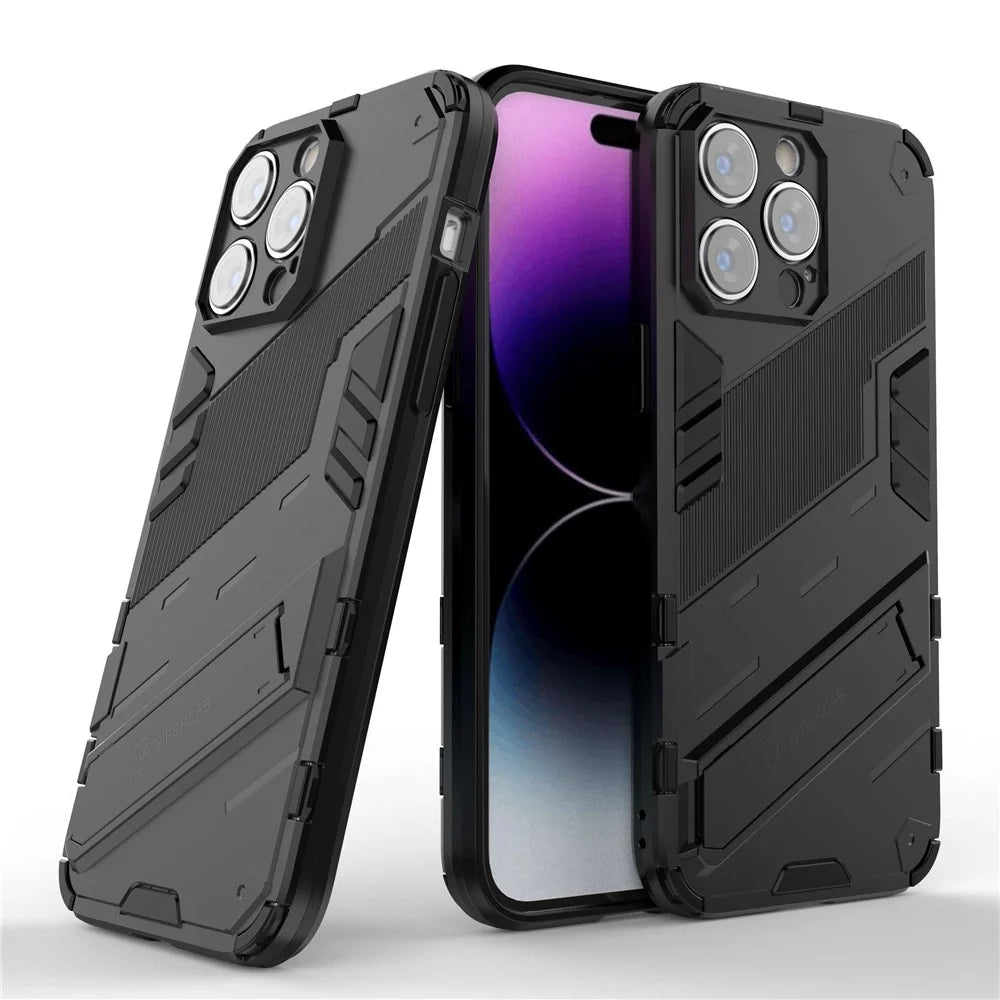 For iPhone 14 Pro Max 6.7 inch Kickstand Anti-Slip Rugged Phone Case Soft Flexible TPU Hard PC Protective Cover - Black - 2