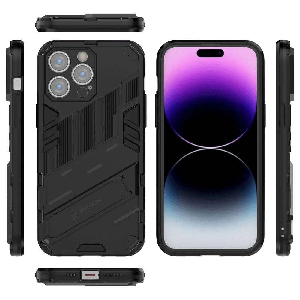 For iPhone 14 Pro Max 6.7 inch Kickstand Anti-Slip Rugged Phone Case Soft Flexible TPU Hard PC Protective Cover - Black - 5
