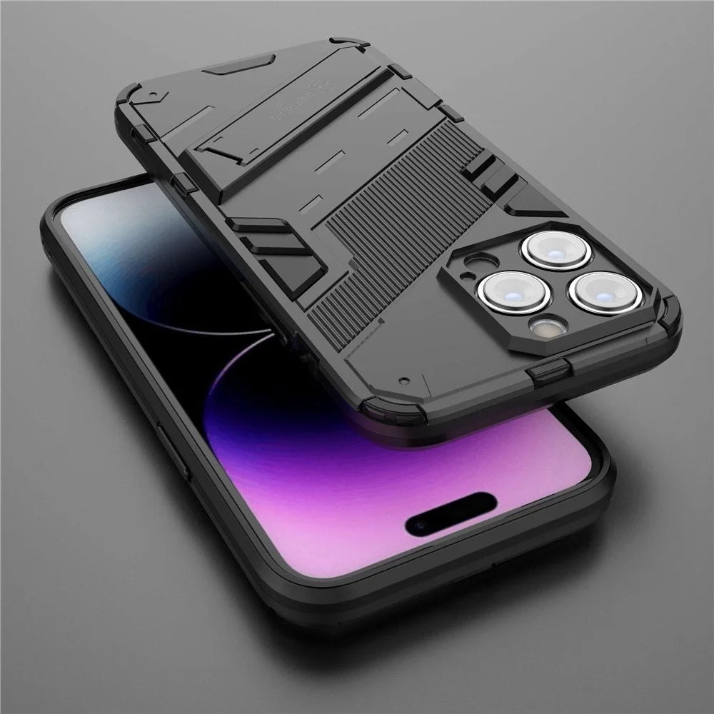 For iPhone 14 Pro Max 6.7 inch Kickstand Anti-Slip Rugged Phone Case Soft Flexible TPU Hard PC Protective Cover - Black - 6