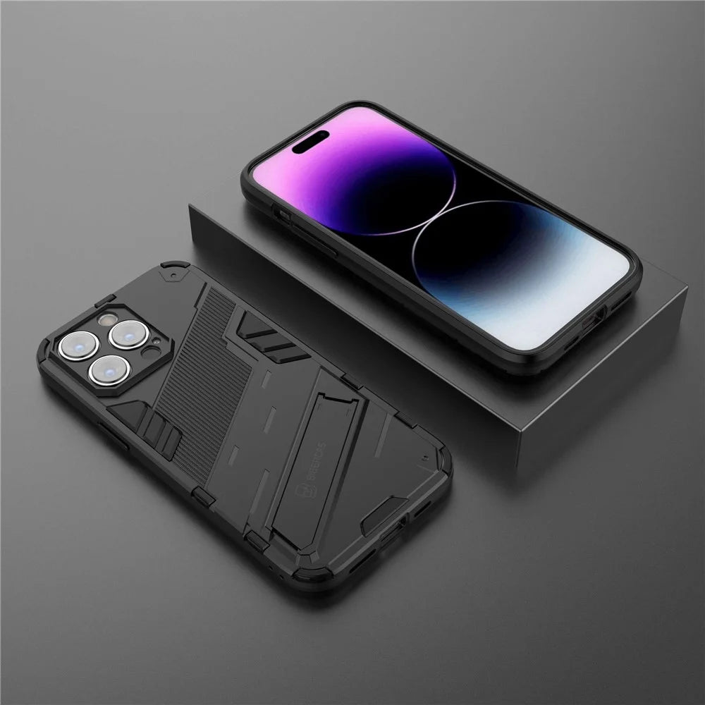 For iPhone 14 Pro Max 6.7 inch Kickstand Anti-Slip Rugged Phone Case Soft Flexible TPU Hard PC Protective Cover - Black - 7