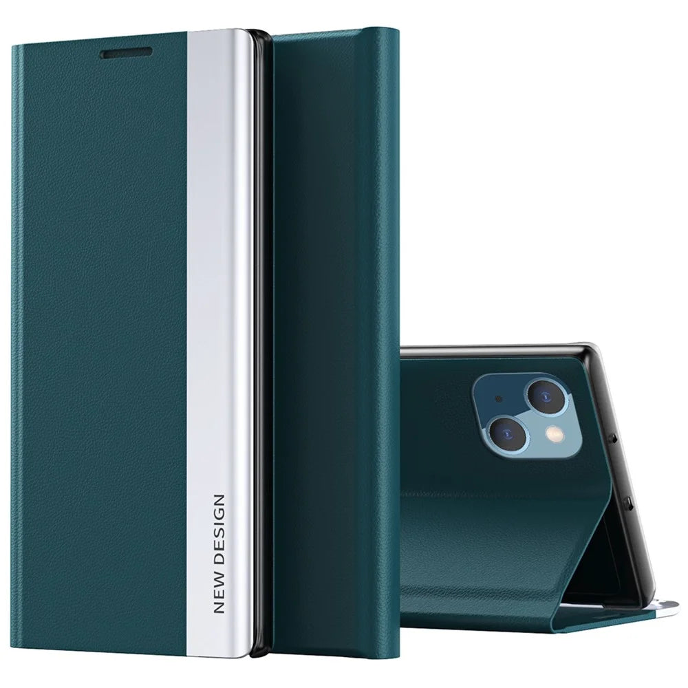 For iPhone 14 6.1 inch Electroplating PU Leather Stand Case Full Coverage Phone Cover - Green - 1
