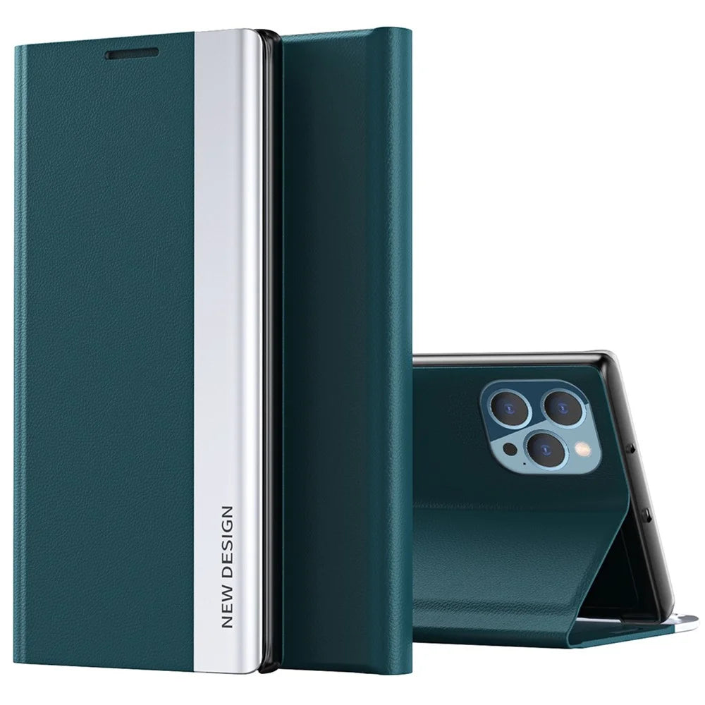 For iPhone 14 Plus 6.7 inch Folio Flip PU Leather Stand Case Bump Proof Electroplating Phone Cover - Green - 1