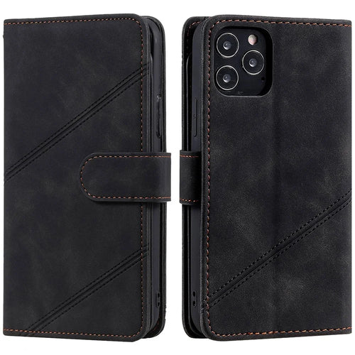 For iPhone 12/12 Pro 6.1 inch Folio Flip PU Leather Stand Cover Imprinted Cellphone Case with Multiple Card Slots and Cash Pocket - Black - 1